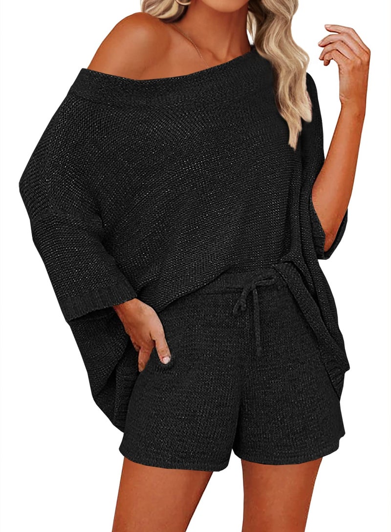 Mafulus Women's 2 Piece Outfits Sweater Sets Off Shoulder Knit Top Shorts Matching Suits Cute Pajama Lounge Set - Image 1